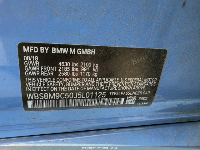 2018 Bmw M3 მანქანა იყიდება აუქციონზე, vin: WBS8M9C50J5L01125, აუქციონის ნომერი: 45671707