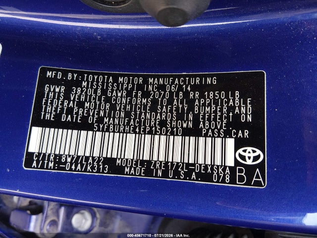 Aukcja sprzedaży 2014 Toyota Corolla S Premium, vin: 5YFBURHE4EP150210, numer aukcji: 45671710