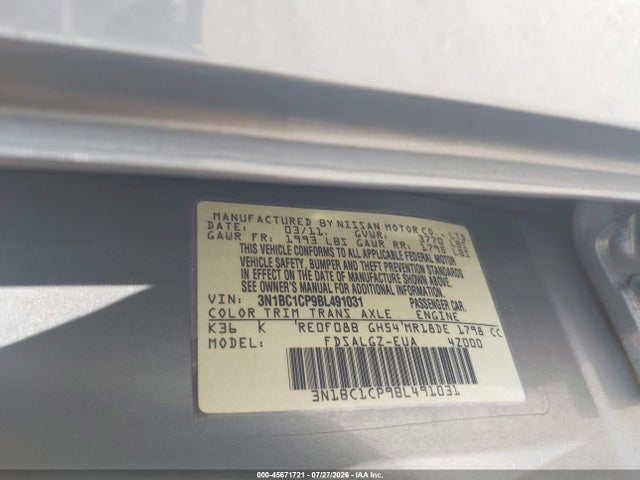 45671721 :رقم المزاد ، 3N1BC1CP9BL491031 vin ، 2011 Nissan Versa 1.8sl مزاد بيع