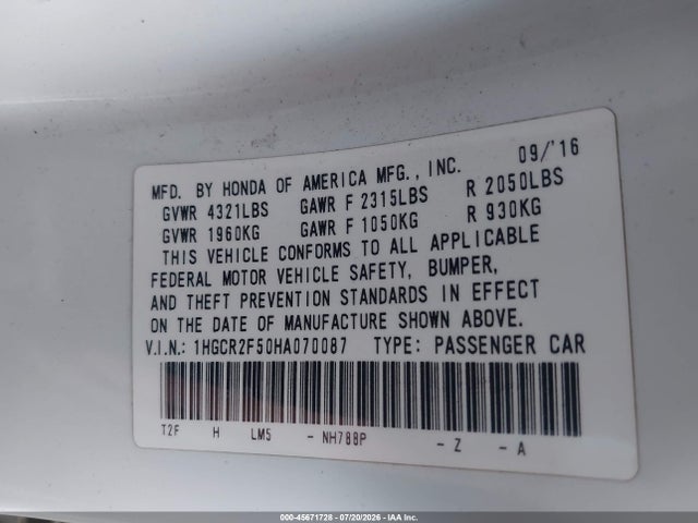 1HGCR2F50HA070087 Honda Accord Sport