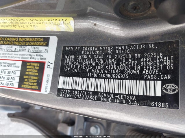 Aukcja sprzedaży 2017 Toyota Camry Se, vin: 4T1BF1FK9HU626975, numer aukcji: 45671733