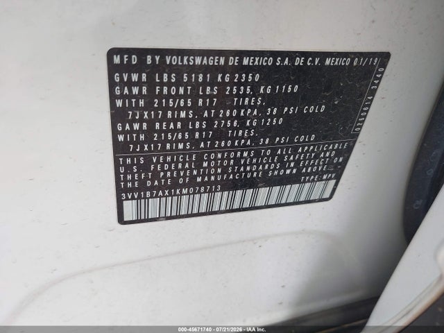 Продажа на аукционе авто 2019 Volkswagen Tiguan 2.0t S, vin: 3VV1B7AX1KM078713, номер лота: 45671740