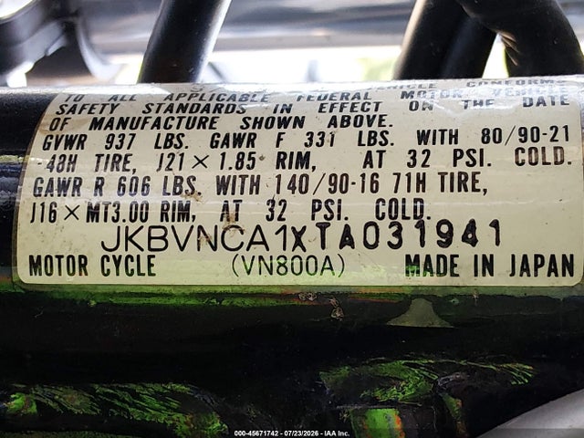 45671742 :رقم المزاد ، JKBVNCA1XTA031941 vin ، 1996 Kawasaki Vn800 مزاد بيع