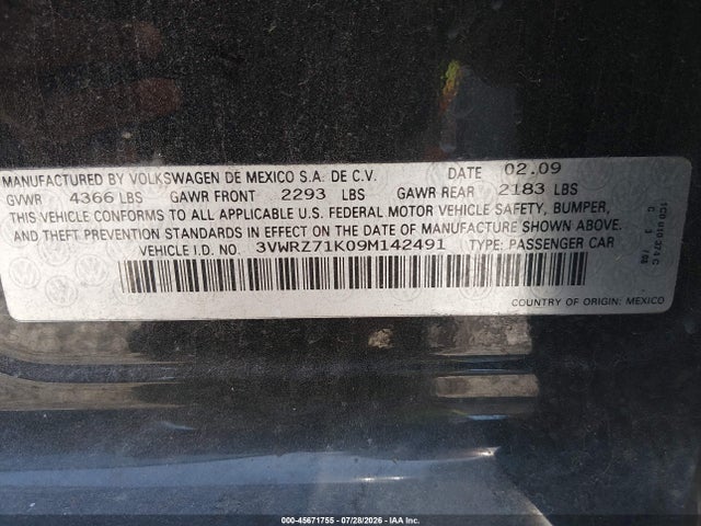 Auction sale of the 2009 Volkswagen Jetta Se, vin: 3VWRZ71K09M142491, lot number: 45671755