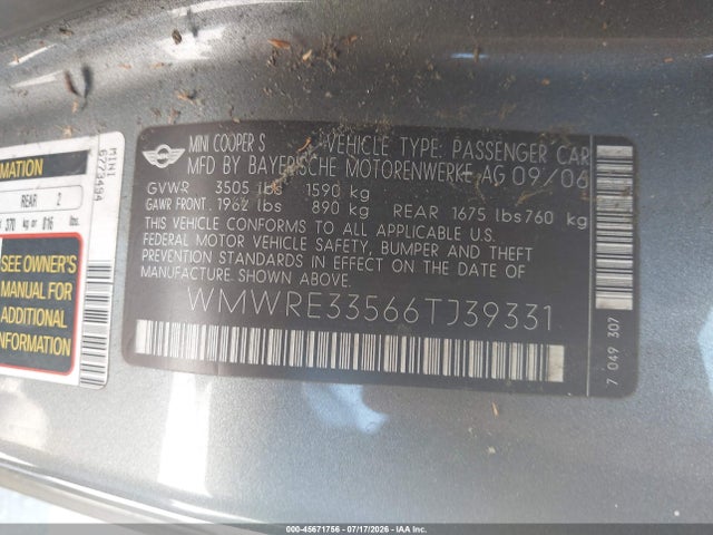 45671756 :رقم المزاد ، WMWRE33566TJ39331 vin ، 2006 Mini Cooper S مزاد بيع