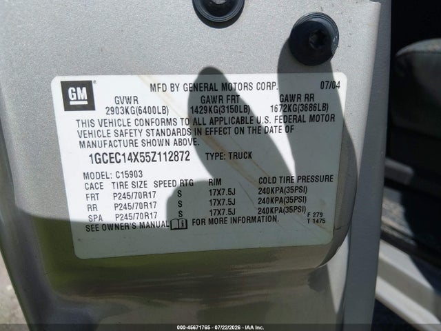Продажа на аукционе авто 2005 Chevrolet Silverado 1500, vin: 1GCEC14X55Z112872, номер лота: 45671765