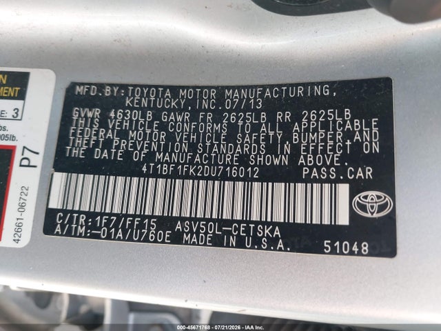 2013 Toyota Camry Se მანქანა იყიდება აუქციონზე, vin: 4T1BF1FK2DU716012, აუქციონის ნომერი: 45671768