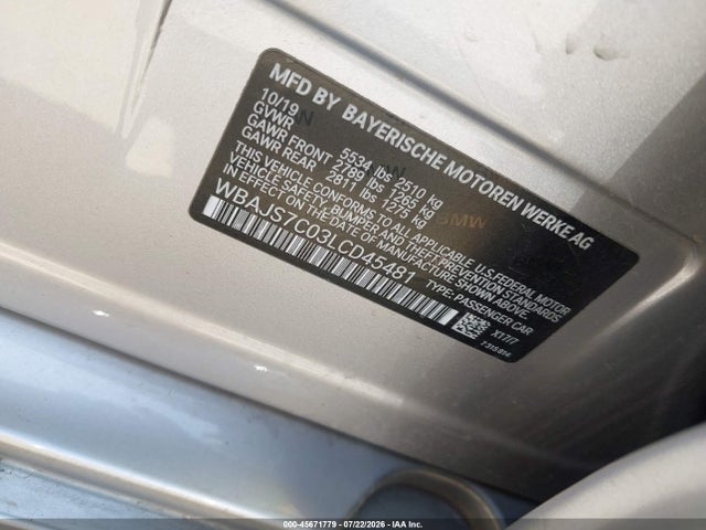 45671779 :رقم المزاد ، WBAJS7C03LCD45481 vin ، 2020 Bmw M550i Xdrive مزاد بيع