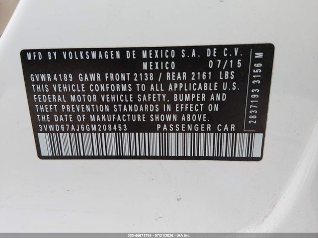 2016 Volkswagen Jetta 1.4t Se მანქანა იყიდება აუქციონზე, vin: 3VWD67AJ6GM208453, აუქციონის ნომერი: 45671784