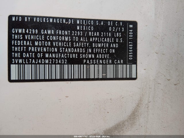 Aukcja sprzedaży 2013 Volkswagen Jetta 2.0l Tdi, vin: 3VWLL7AJ4DM273432, numer aukcji: 45671787