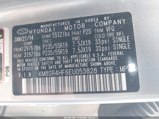 KM8SR4HF6EU053828 Hyundai Santa Fe Gls