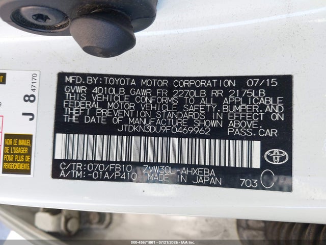 Toyota Prius Two 2015 JTDKN3DU9F0469962 Image 9