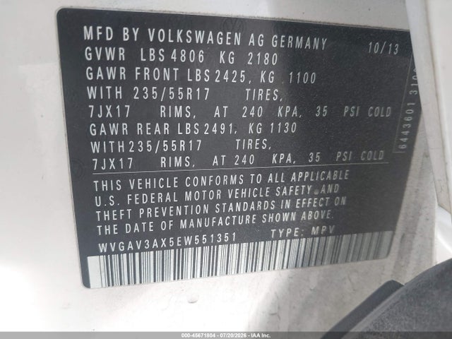 Продажа на аукционе авто 2014 Volkswagen Tiguan Se, vin: WVGAV3AX5EW551351, номер лота: 45671804