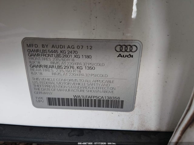 Продаж на аукціоні авто 2012 Audi Q5 2.0t Premium, vin: WA1LFAFP5CA138356, номер лоту: 45671805