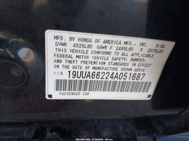 Продажа на аукционе авто 2004 Acura Tl, vin: 19UUA66224A051687, номер лота: 45671808