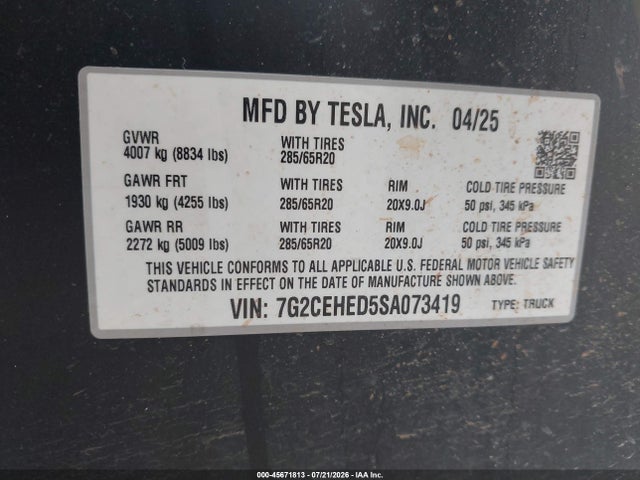 45671813 :رقم المزاد ، 7G2CEHED5SA073419 vin ، 2025 Tesla Cybertruck All-wheel Drive مزاد بيع
