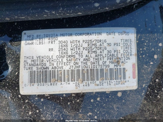 Aukcja sprzedaży 2001 Lexus Rx 300, vin: JTJHF10U110175799, numer aukcji: 45671820