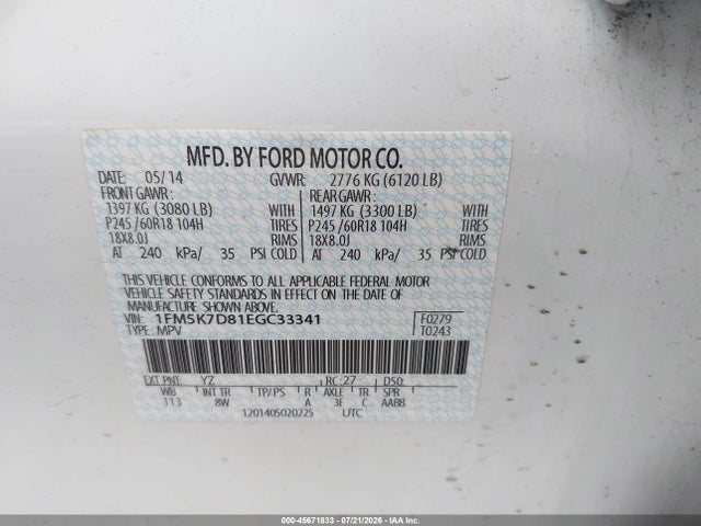 Продаж на аукціоні авто 2014 Ford Explorer Xlt, vin: 1FM5K7D81EGC33341, номер лоту: 45671833