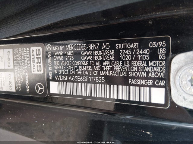 45671842 :رقم المزاد ، WDBFA63E6SF117825 vin ، 1995 Mercedes-benz Sl 320 مزاد بيع