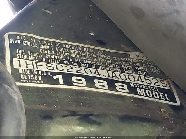 Продаж на аукціоні авто 1988 Honda Gl1500, vin: 1HFSC2204JA004529, номер лоту: 45671843