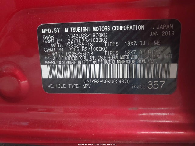 2019 Mitsubishi Outlander Sport 2.0 Le მანქანა იყიდება აუქციონზე, vin: JA4AR3AU9KU024879, აუქციონის ნომერი: 45671849