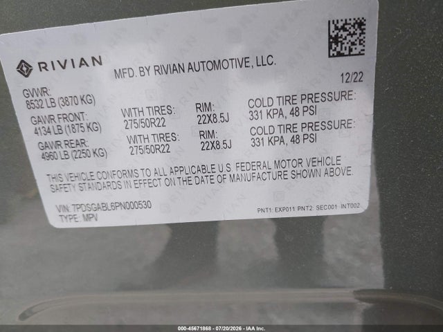 Продажа на аукционе авто 2023 Rivian R1s Launch Edition, vin: 7PDSGABL6PN000530, номер лота: 45671868