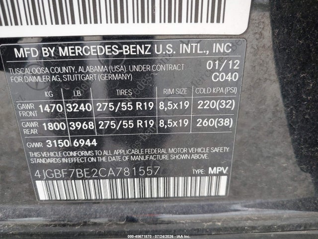 45671870 :رقم المزاد ، 4JGBF7BE2CA781557 vin ، 2012 Mercedes-benz Gl 450 4matic مزاد بيع