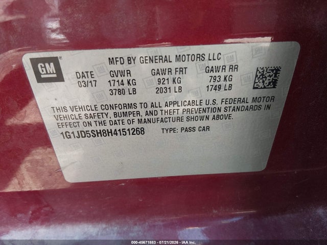 45671883 :رقم المزاد ، 1G1JD5SH8H4151268 vin ، 2017 Chevrolet Sonic Lt Auto مزاد بيع