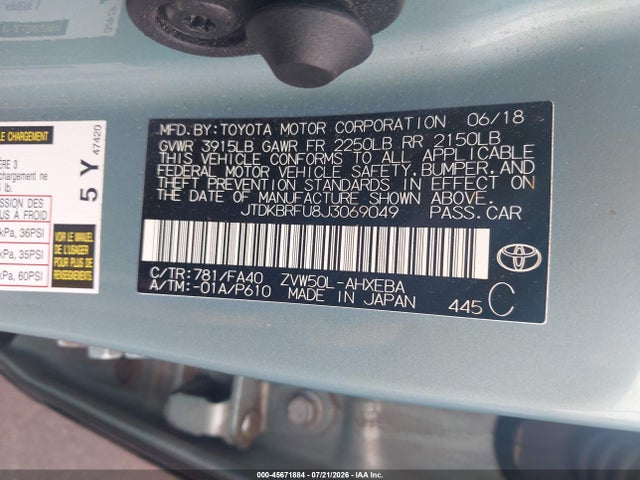 2018 Toyota Prius Two მანქანა იყიდება აუქციონზე, vin: JTDKBRFU8J3069049, აუქციონის ნომერი: 45671884