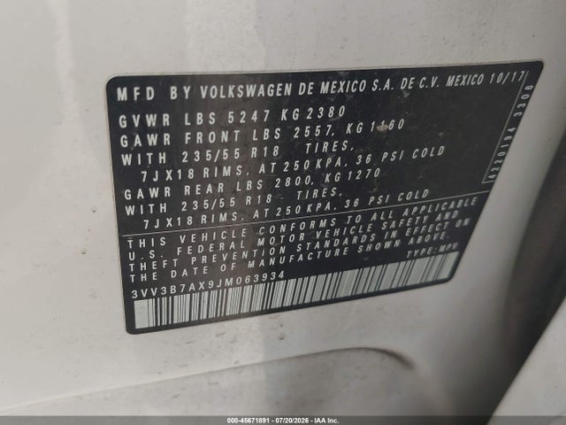 2018 Volkswagen Tiguan 2.0t Se/2.0t Sel მანქანა იყიდება აუქციონზე, vin: 3VV3B7AX9JM063934, აუქციონის ნომერი: 45671891