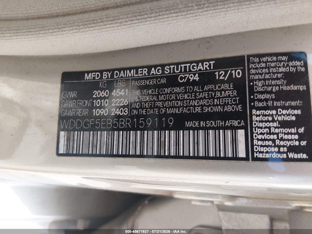 Aukcja sprzedaży 2011 Mercedes-benz C 300 Luxury/sport, vin: WDDGF5EB5BR159119, numer aukcji: 45671927