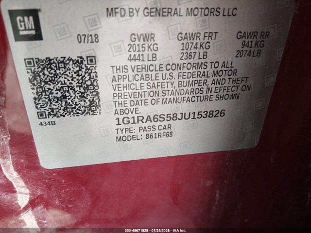 1G1RA6S58JU153826 Chevrolet VOLT LT