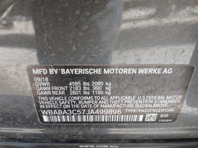 Aukcja sprzedaży 2018 Bmw 320i Xdrive, vin: WBA8A3C57JA499896, numer aukcji: 45671933