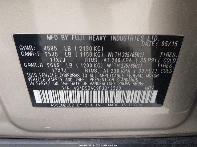 Продаж на аукціоні авто 2015 Subaru Outback 2.5i, vin: 4S4BSBAC9F3343528, номер лоту: 45671934