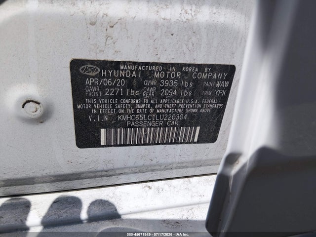 Продаж на аукціоні авто 2020 Hyundai Ioniq Hybrid Blue, vin: KMHC65LC1LU220304, номер лоту: 45671949