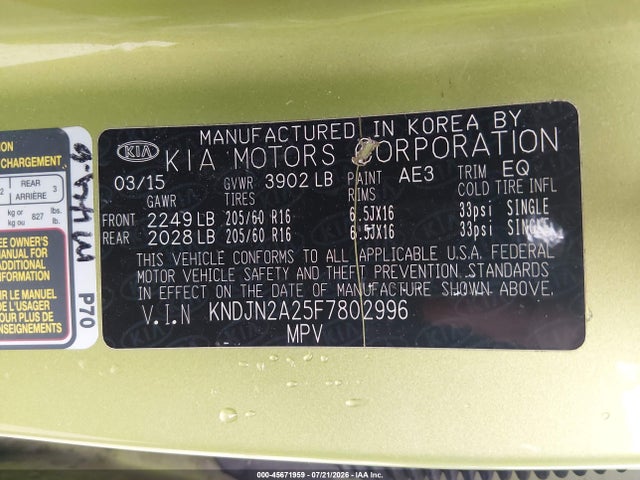 Aukcja sprzedaży 2015 Kia Soul, vin: KNDJN2A25F7802996, numer aukcji: 45671959