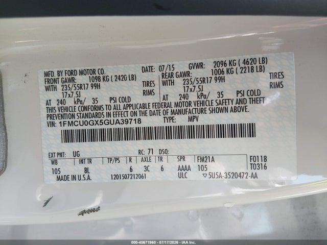 Ford ESCAPE SE 2016 1FMCU0GX5GUA39718 Image 9