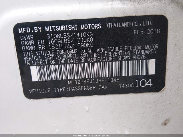 45671961 :رقم المزاد ، ML32F3FJ1JHF11346 vin ، 2018 Mitsubishi Mirage G4 Es مزاد بيع