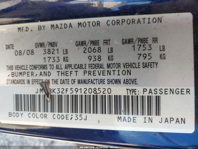 45671976 :رقم المزاد ، JM1BK32F591208520 vin ، 2009 Mazda Mazda3 I مزاد بيع