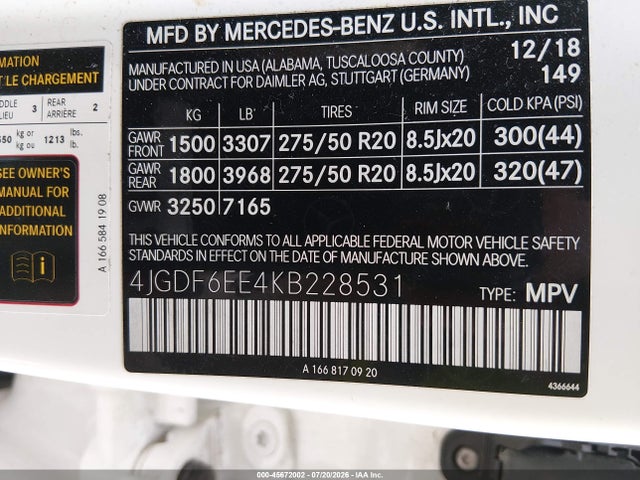 Продаж на аукціоні авто 2019 Mercedes-benz Gls 450 4matic, vin: 4JGDF6EE4KB228531, номер лоту: 45672002