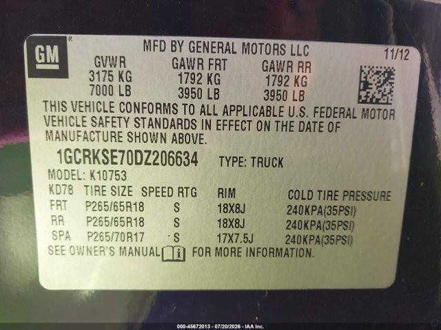 Aukcja sprzedaży 2013 Chevrolet Silverado 1500 Lt, vin: 1GCRKSE70DZ206634, numer aukcji: 45672013