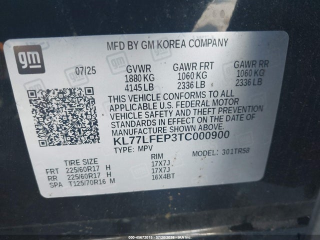 45672015 :رقم المزاد ، KL77LFEP3TC000900 vin ، 2026 Chevrolet Trax Fwd Ls مزاد بيع