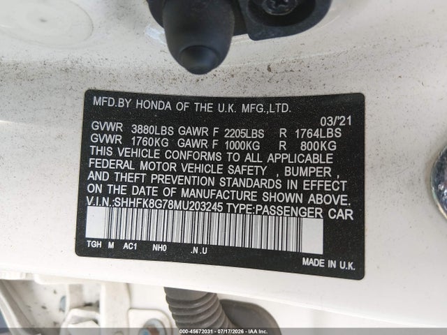 2021 Honda Civic Type R Touring მანქანა იყიდება აუქციონზე, vin: SHHFK8G78MU203245, აუქციონის ნომერი: 45672031
