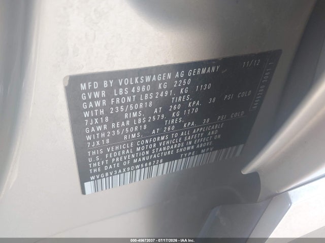 45672037 :رقم المزاد ، WVGBV3AX9DW566728 vin ، 2013 Volkswagen Tiguan Se مزاد بيع