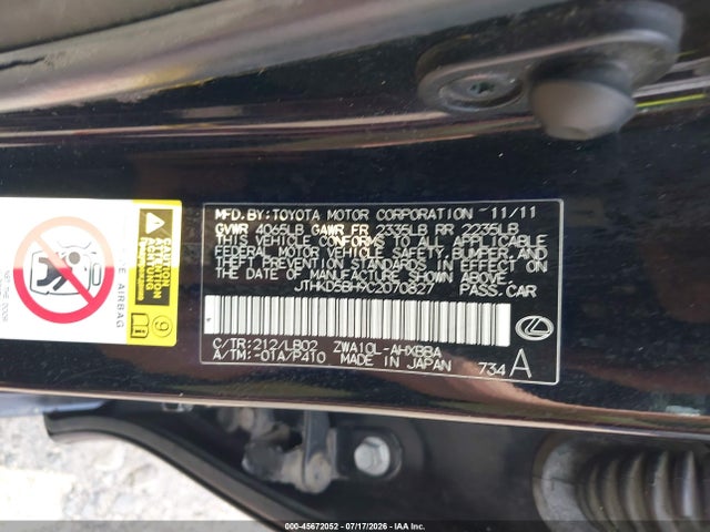Aukcja sprzedaży 2012 Lexus Ct 200h Premium, vin: JTHKD5BH9C2070827, numer aukcji: 45672052