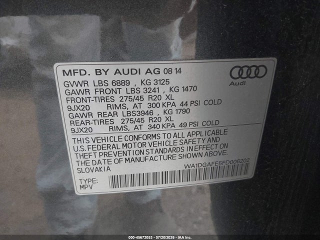 Aukcja sprzedaży 2015 Audi Q7 3.0t S Line Prestige, vin: WA1DGAFE5FD006202, numer aukcji: 45672053