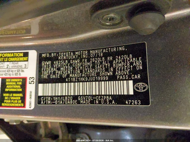4T1BZ1HK9JU019999 Toyota Camry Xse V6