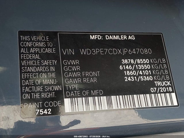 Продаж на аукціоні авто 2018 Mercedes-benz Sprinter 2500 Standard Roof V6, vin: WD3PE7CDXJP647080, номер лоту: 45672083