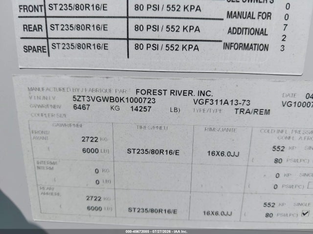 2019 Forest River Vengance მანქანა იყიდება აუქციონზე, vin: 5ZT3VGWB0K1000723, აუქციონის ნომერი: 45672085