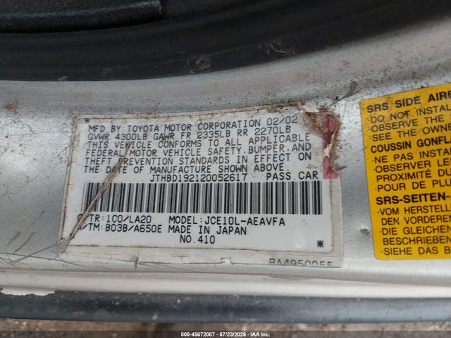 Продаж на аукціоні авто 2002 Lexus Is 300, vin: JTHBD192120052617, номер лоту: 45672087